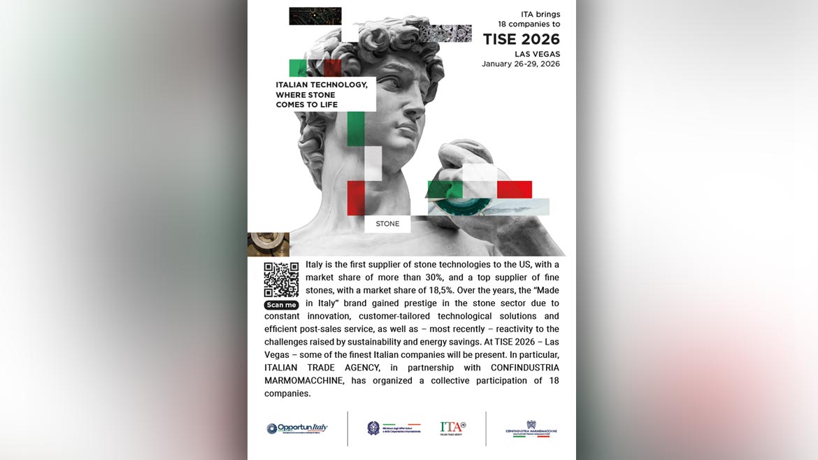 The image displays an advertisement for Italian stone technology and products at the TISE 2026 event in Las Vegas
