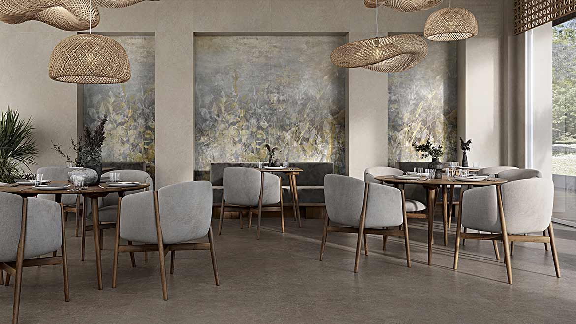 a modern interior design featuring the Imagina collection's "Windflowers" decor and "Lithos taupe" flooring from Casalgrande Padana