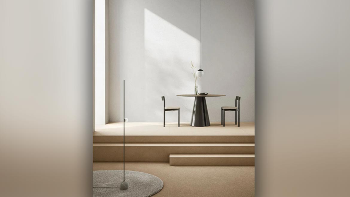 a dining area showcasing the Arkèon collection porcelain surfaces by Infinity Surfaces