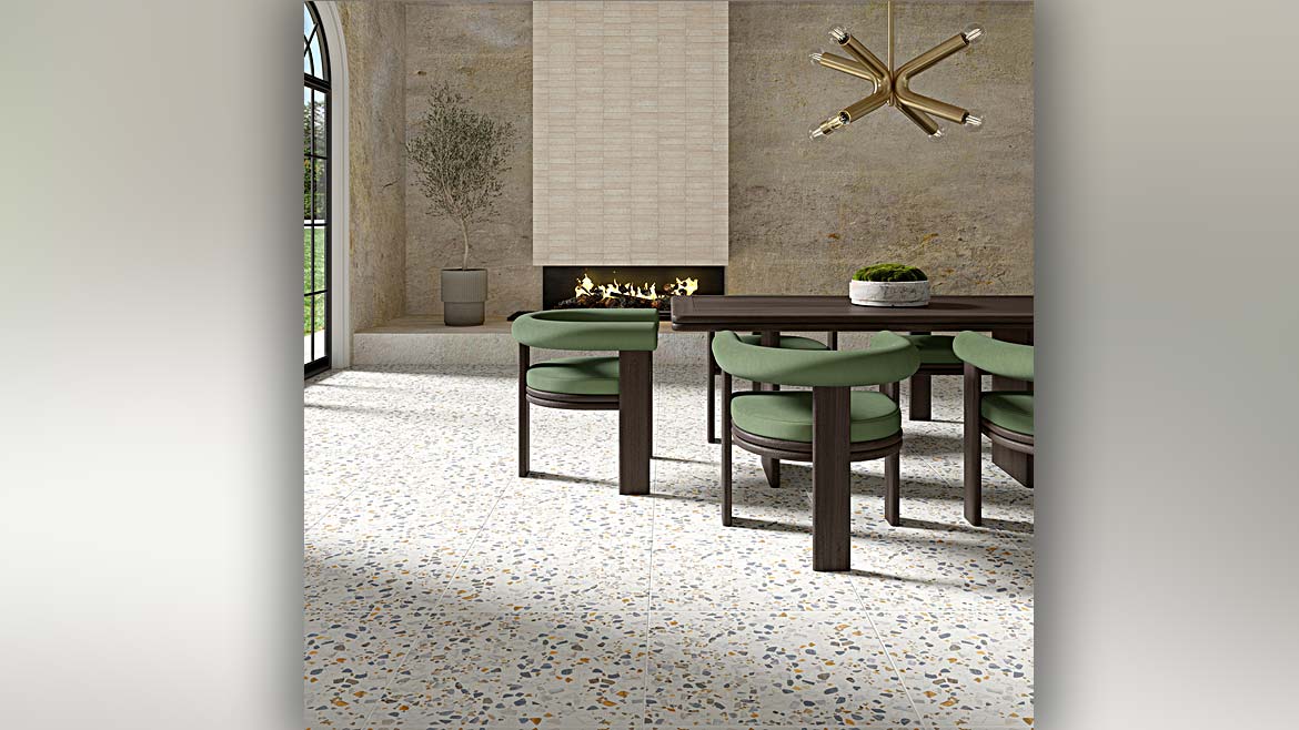 a room featuring Marazzi Curation terrazzo-look floor tile