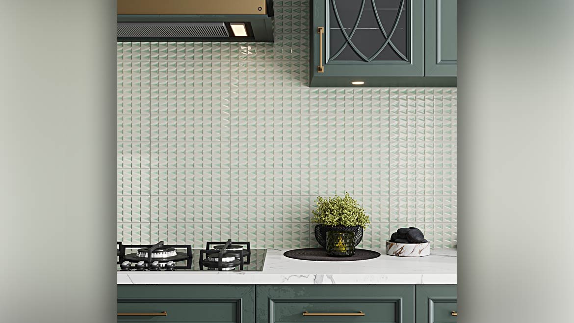 a kitchen featuring Cayo Green Crackle Ceramic Subway Tile